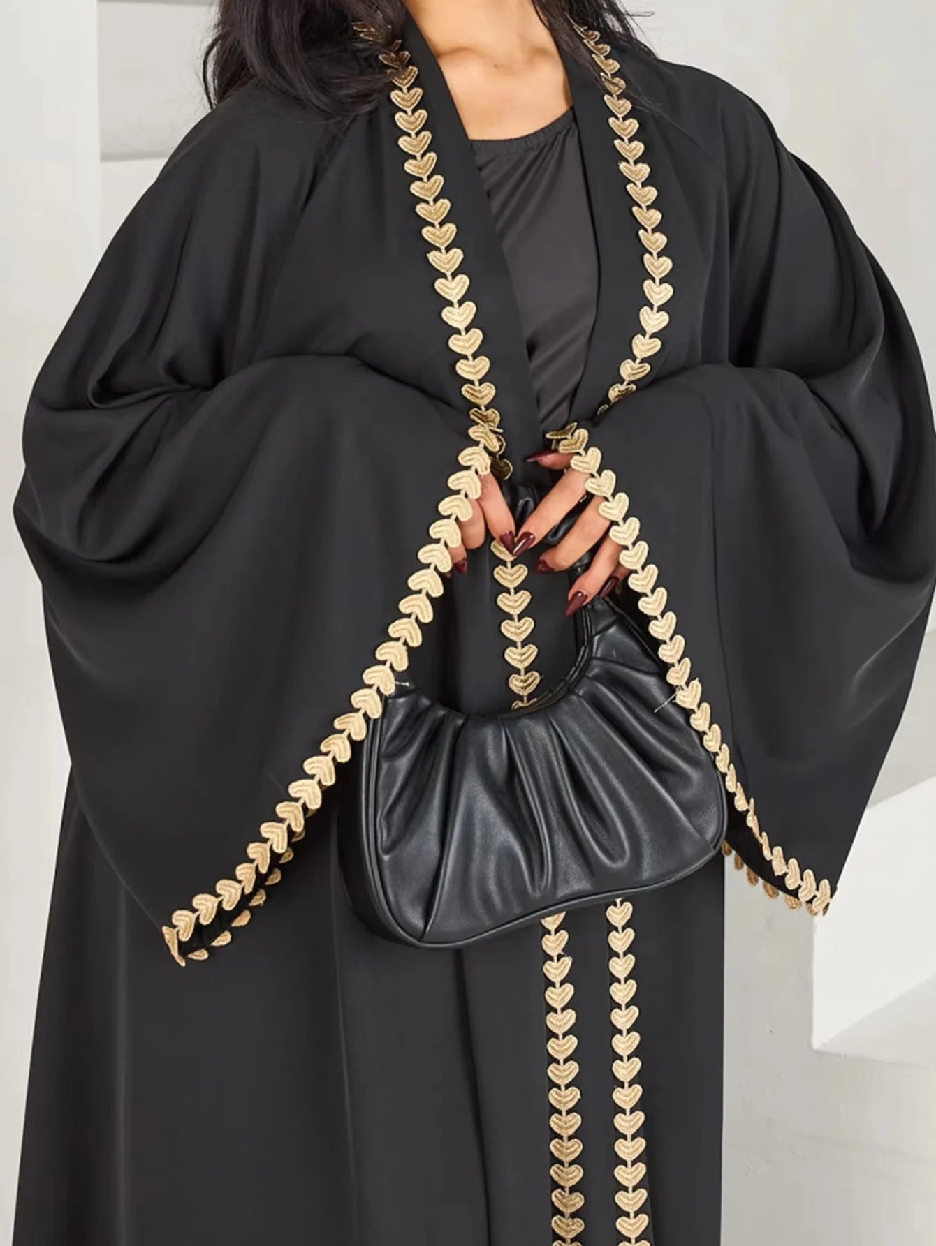Elegant Open Abaya with Gold Trim – Modest Luxury Wear for Women
