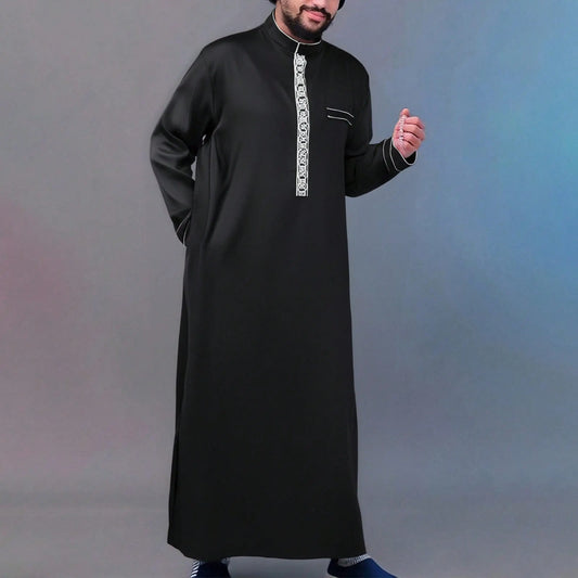 Men’s Black Embroidered Thobe – Classic Islamic Long Sleeve Robe