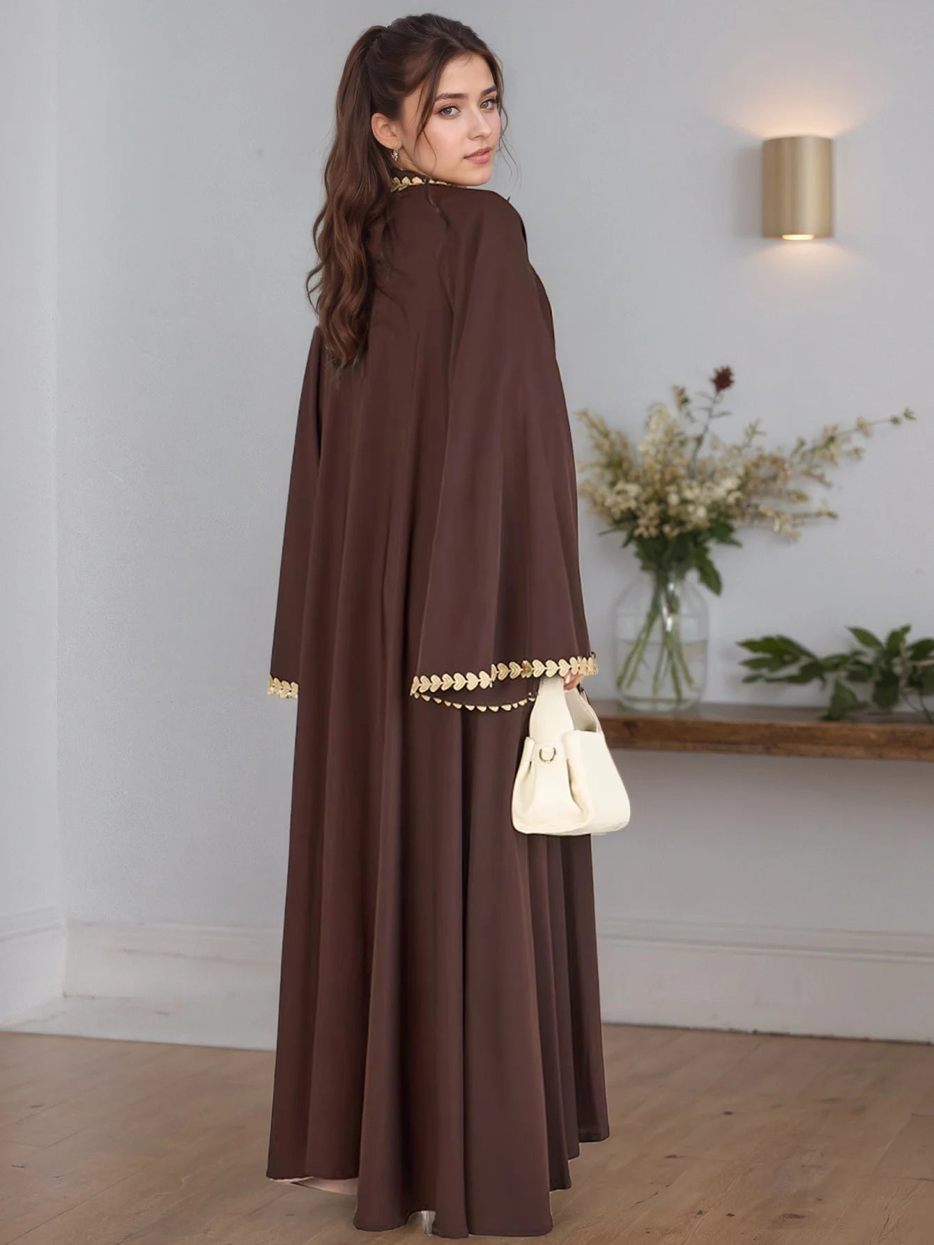 Elegant Open Abaya with Gold Trim – Modest Luxury Wear for Women