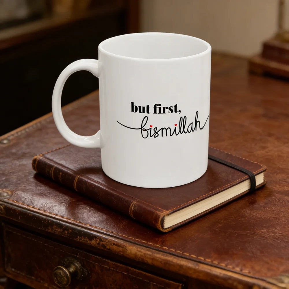 But First, Bismillah Ceramic Mug – Minimal Islamic Coffee Cup