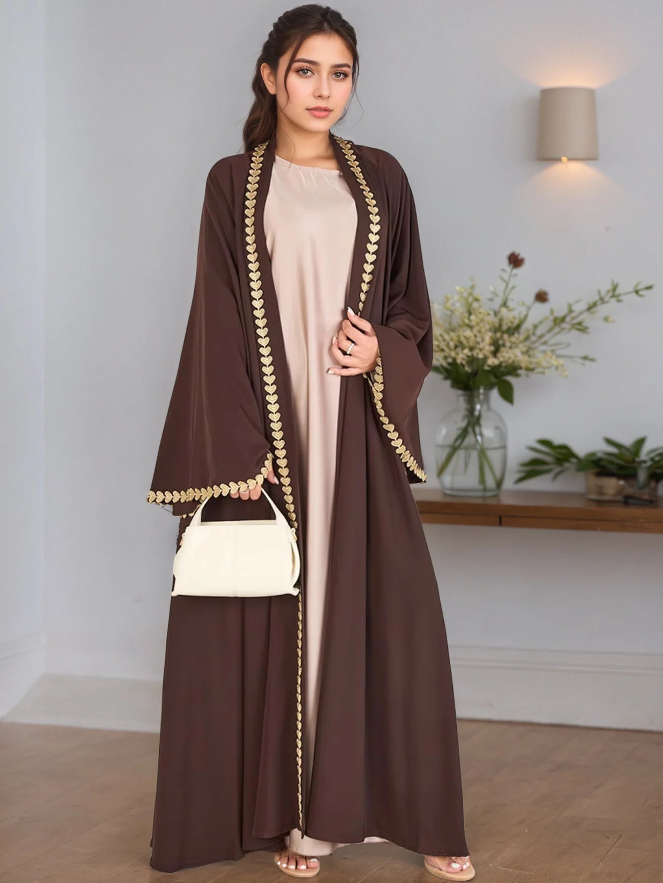 Elegant Open Abaya with Gold Trim – Modest Luxury Wear for Women