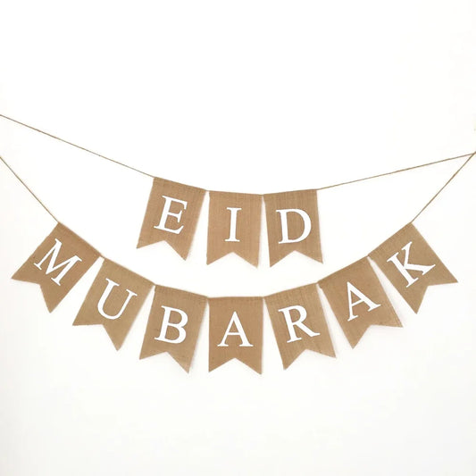 Eid Mubarak Burlap Wall Banner – Rustic Ramadan Hanging Decor