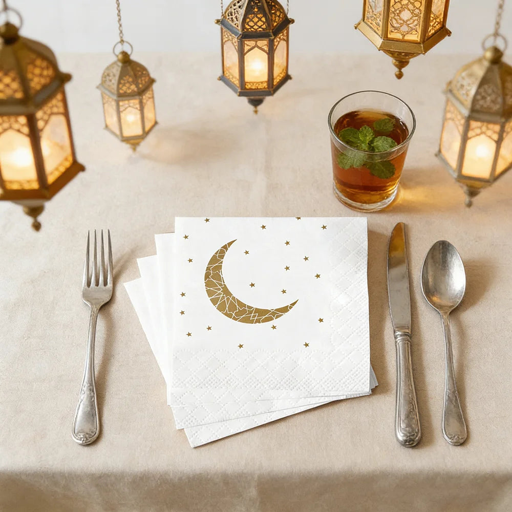 Crescent Moon & Star Ramadan Napkins – Elegant Islamic Table Décor (20-Piece Set)