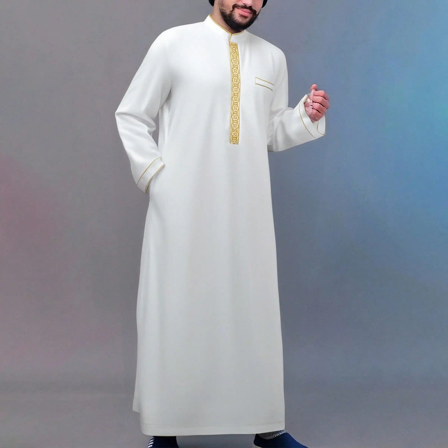 Men’s Black Embroidered Thobe – Classic Islamic Long Sleeve Robe