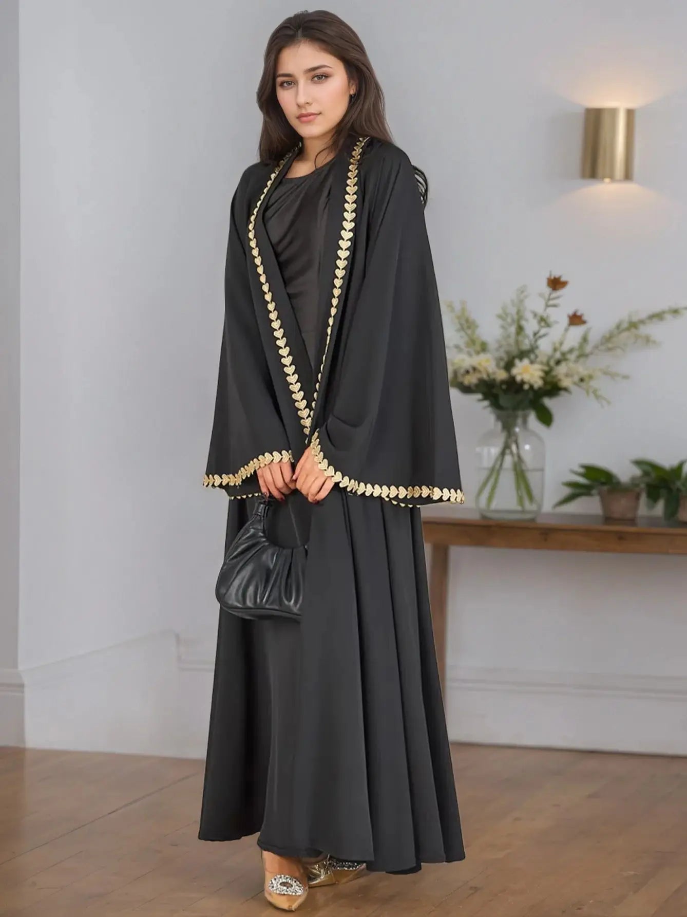 Elegant Open Abaya with Gold Trim – Modest Luxury Wear for Women