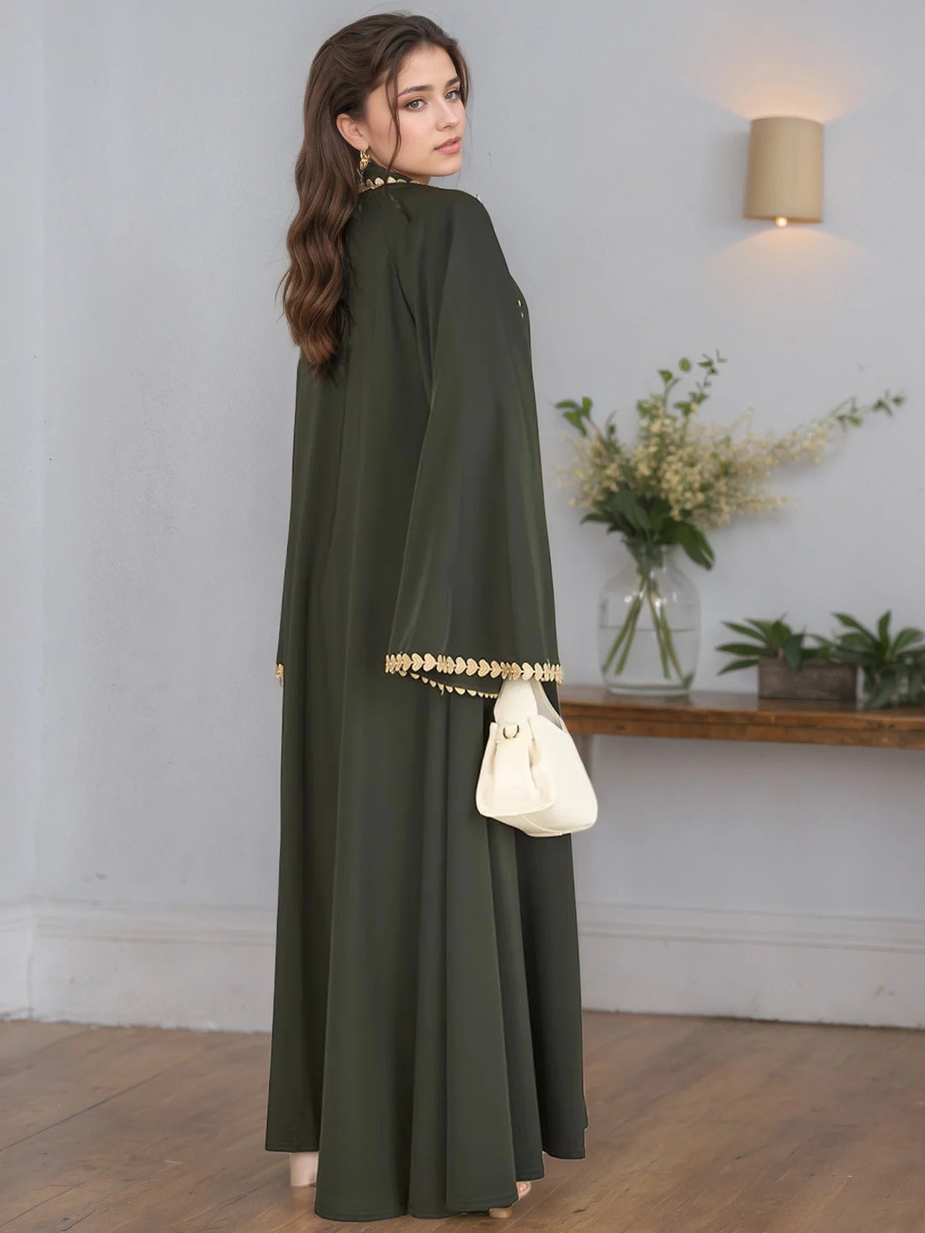 Elegant Open Abaya with Gold Trim – Modest Luxury Wear for Women